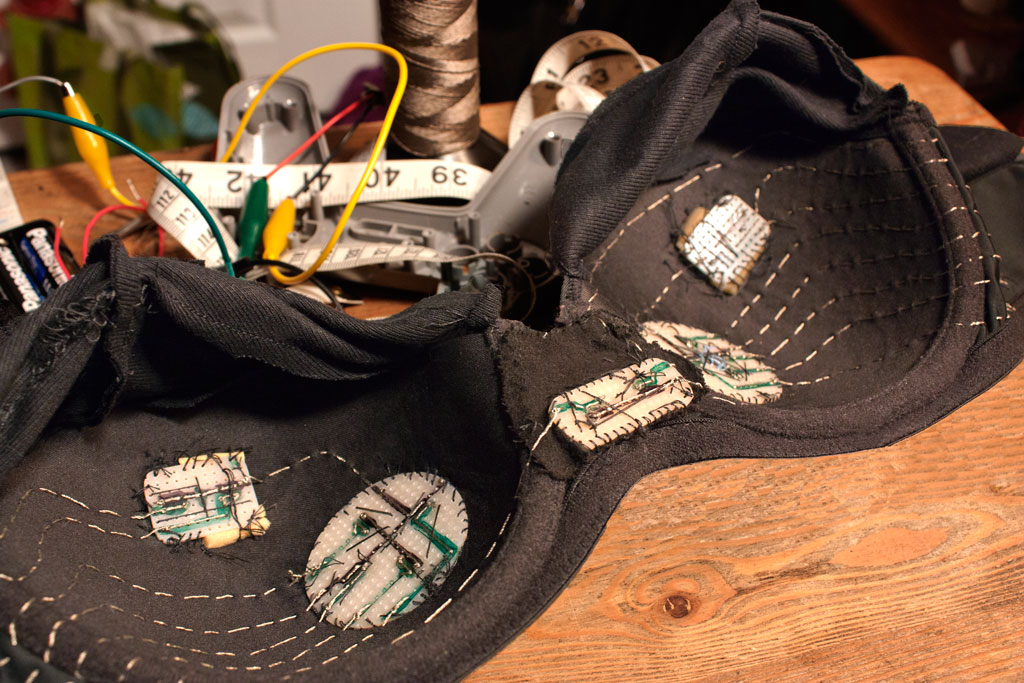 Conductive Thread and Stripboards Inside of Playstation Controller Bra
